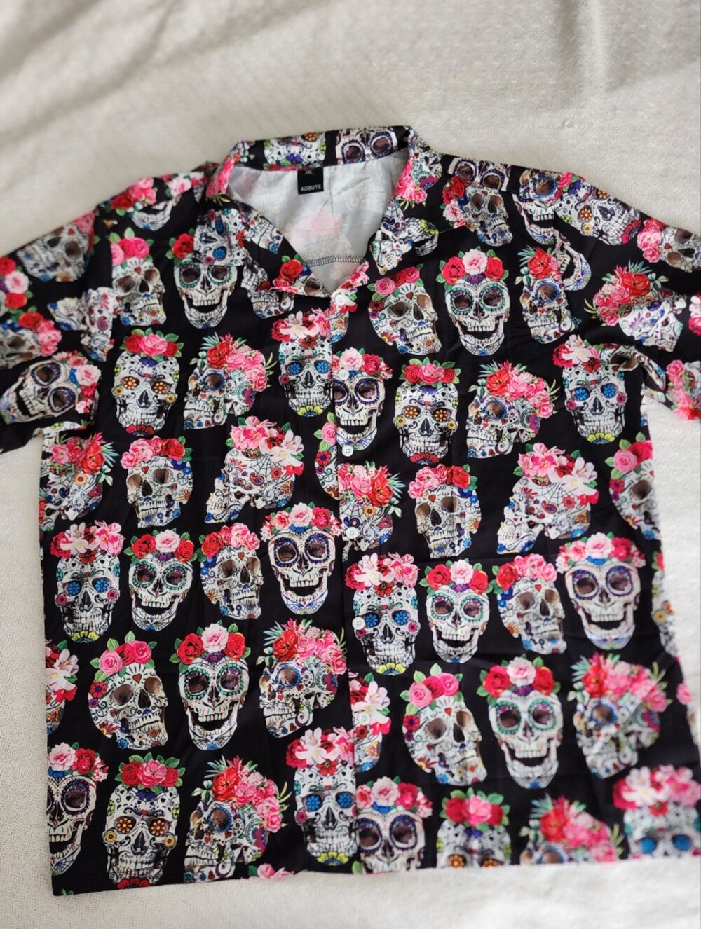 AOBUTE 2XL Day of the Dead Sugar Skull Hawaiian Button Down Shirt